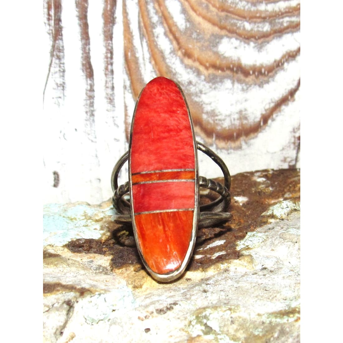 Navajo Red & Orange Spiny Inlay Ring Sz 8 Sterling Silver