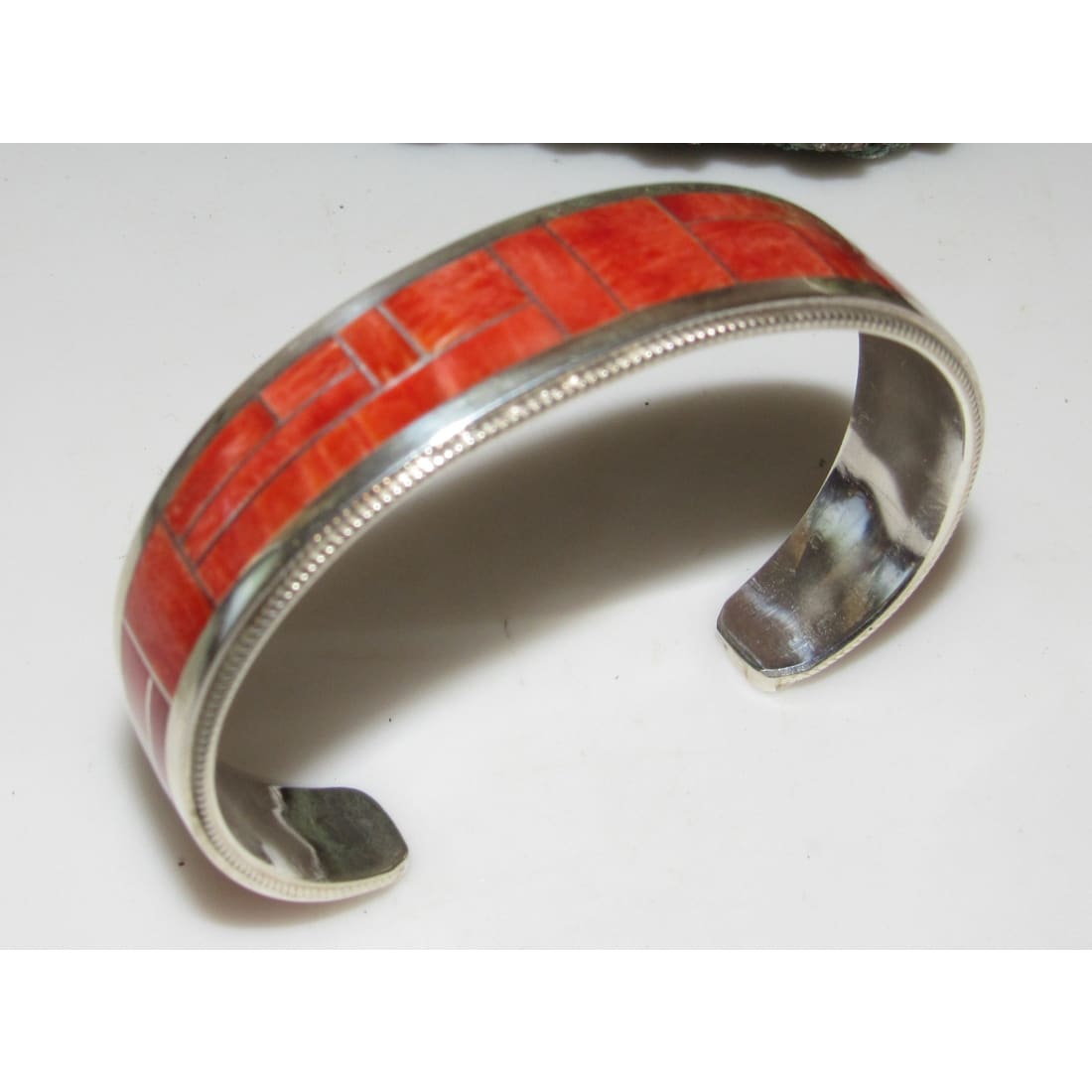 Navajo Red Orange Spiny Inlay Stacker Cuff Bracelet