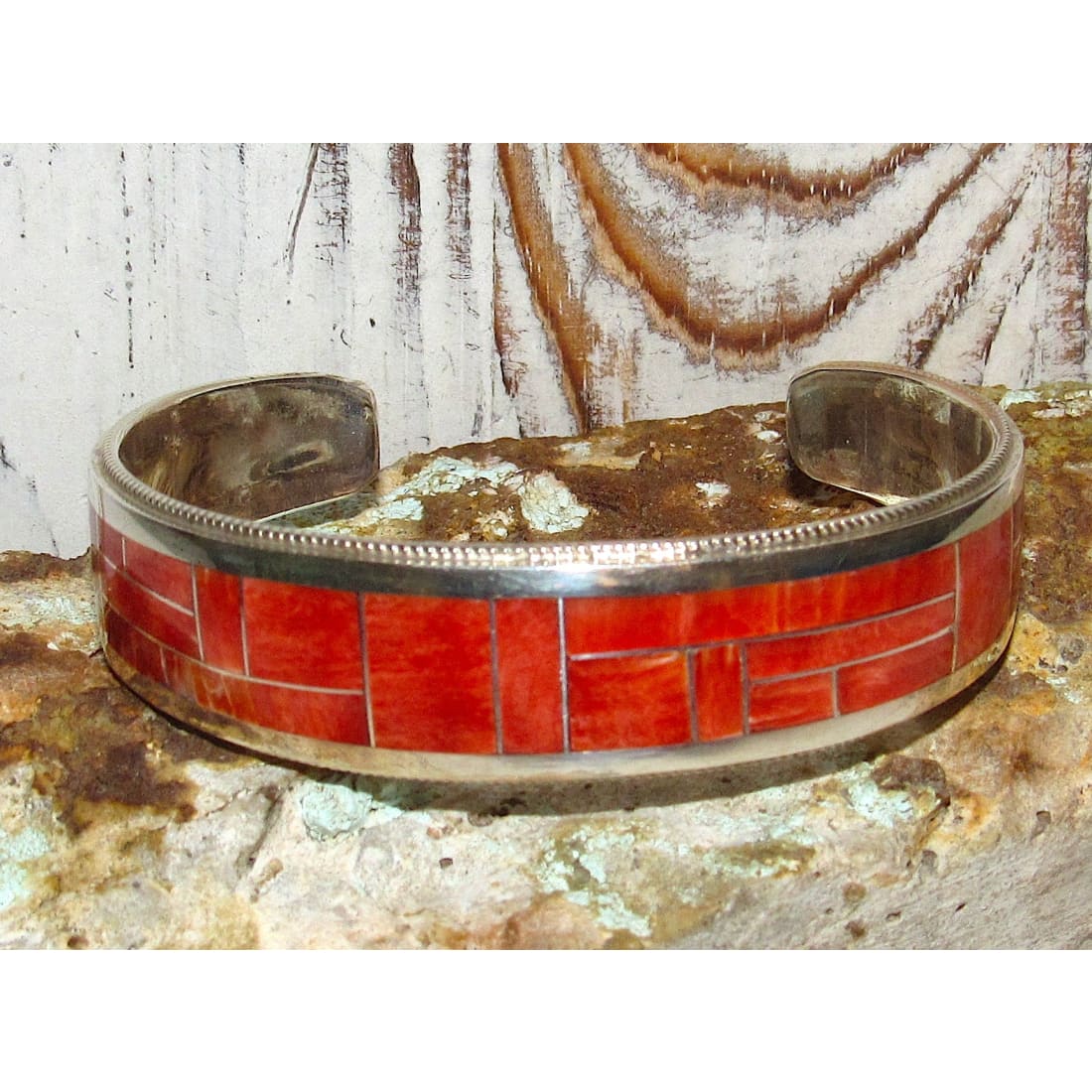 Navajo Red Orange Spiny Inlay Stacker Cuff Bracelet