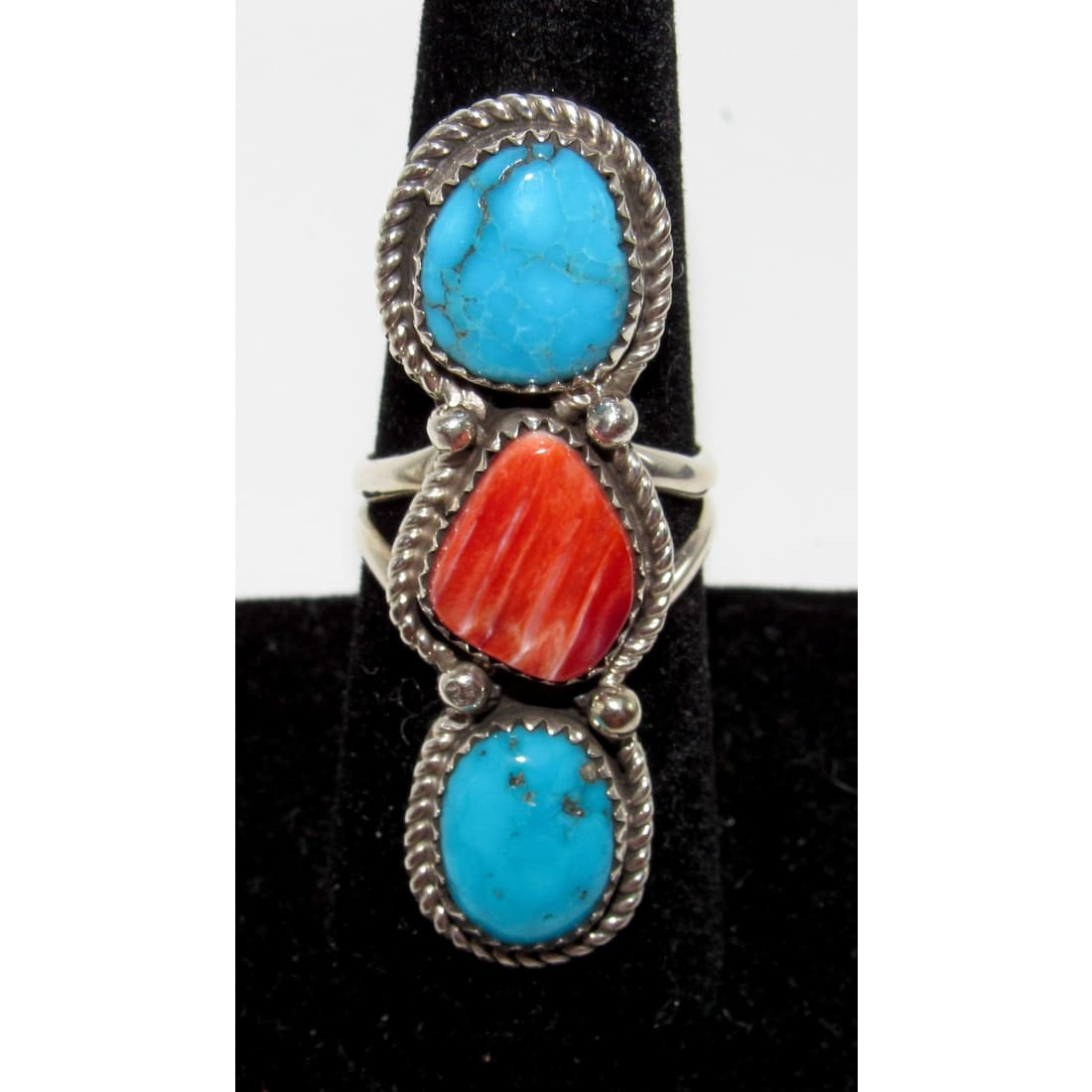 Navajo Red Orange Spiny Turquoise Statement Ring Sz 7.5