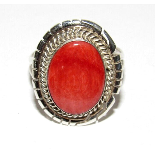 Navajo Red Spiny Ring Size 7.5 Sterling Silver Native