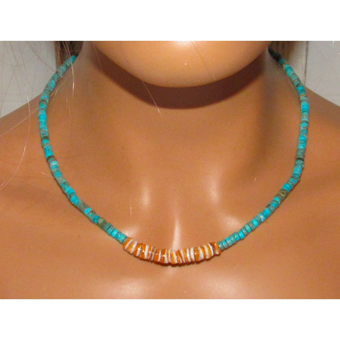 Navajo Rolled Shell Orange Spiny & Turquoise Heishi Choker