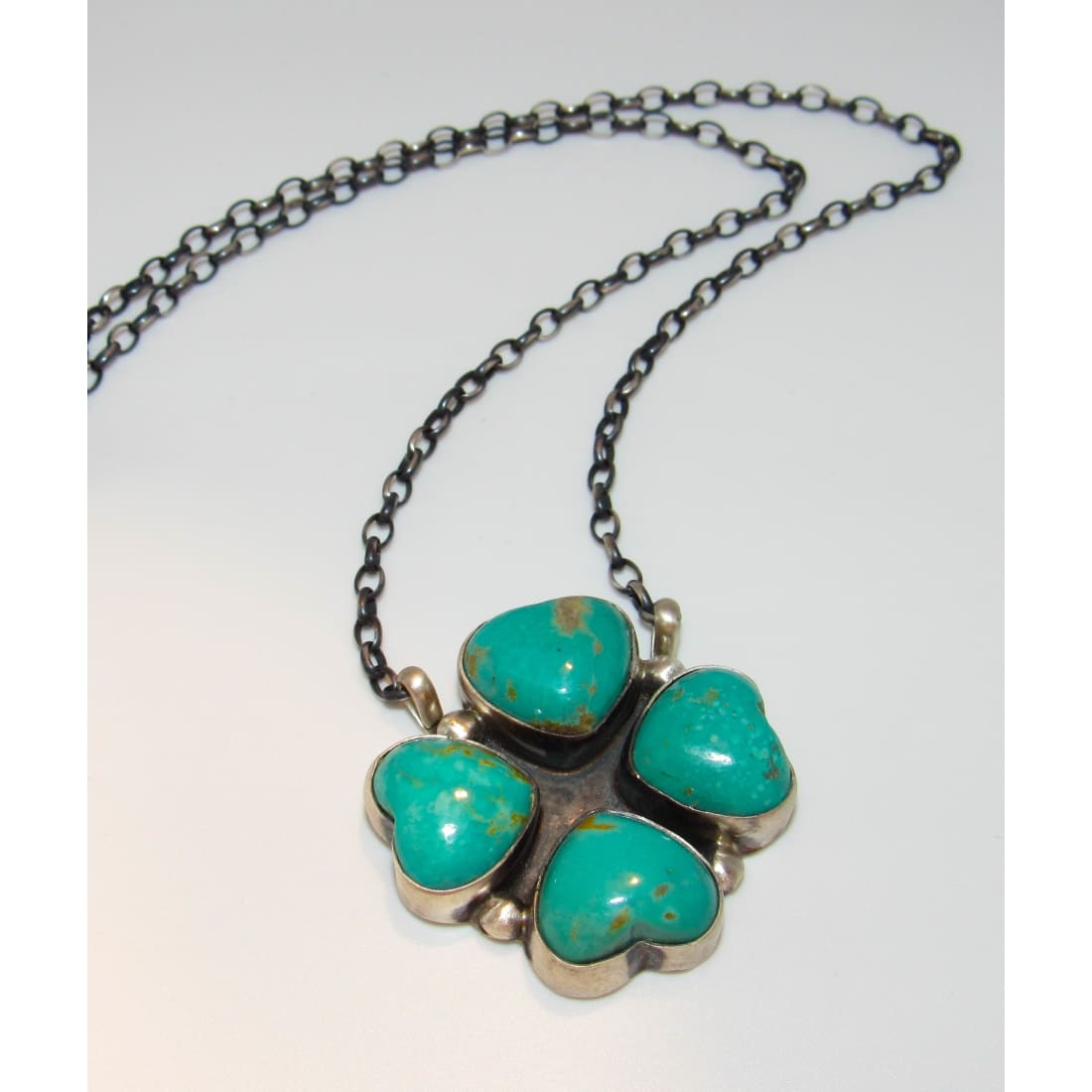 Navajo Royston Turquoise 4 Leaf Clover Necklace Sterling