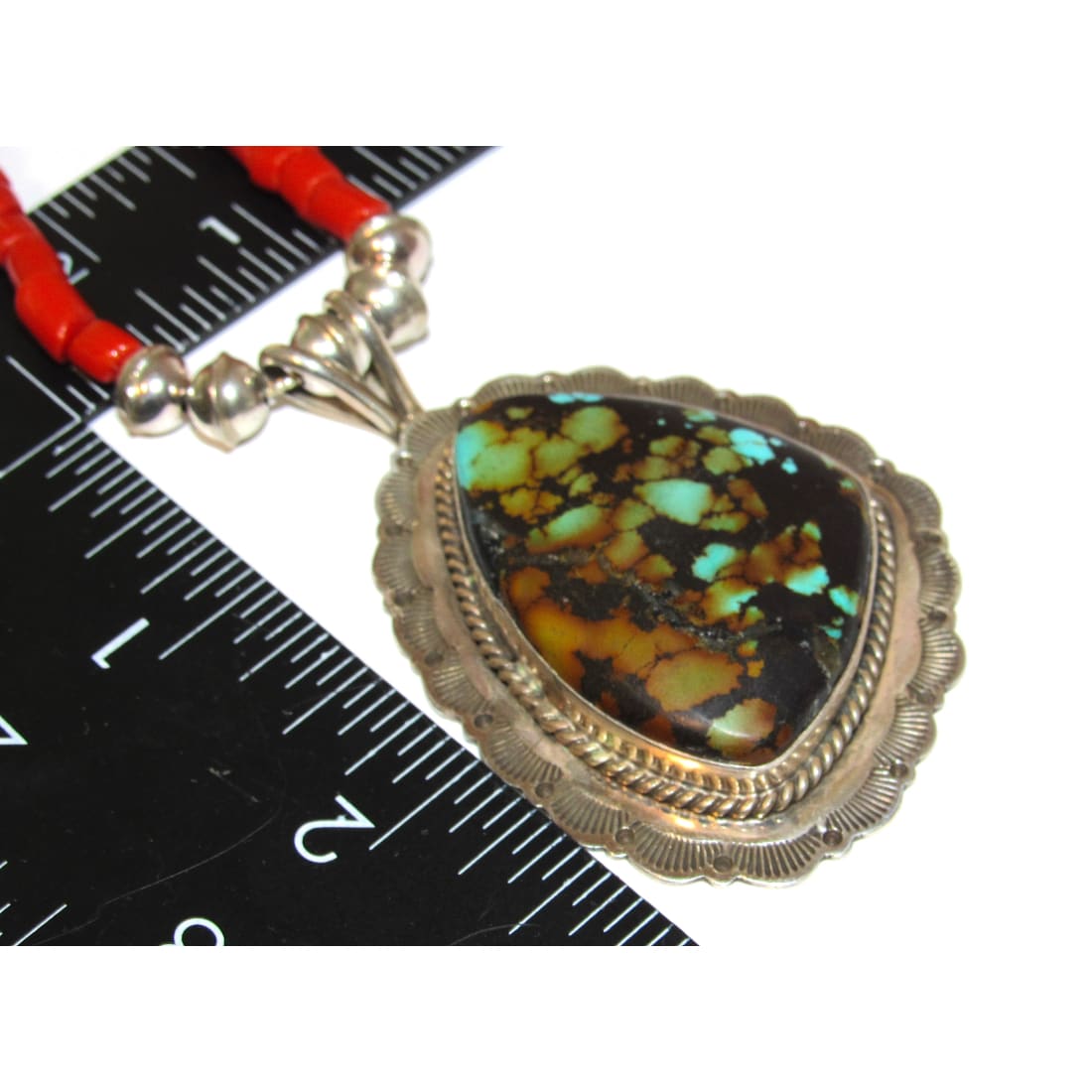 Navajo Royston Turquoise & Coral Necklace by Fred Peters