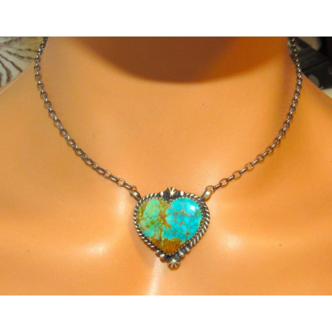 Navajo Royston Turquoise Heart Bar Necklace Sterling Native