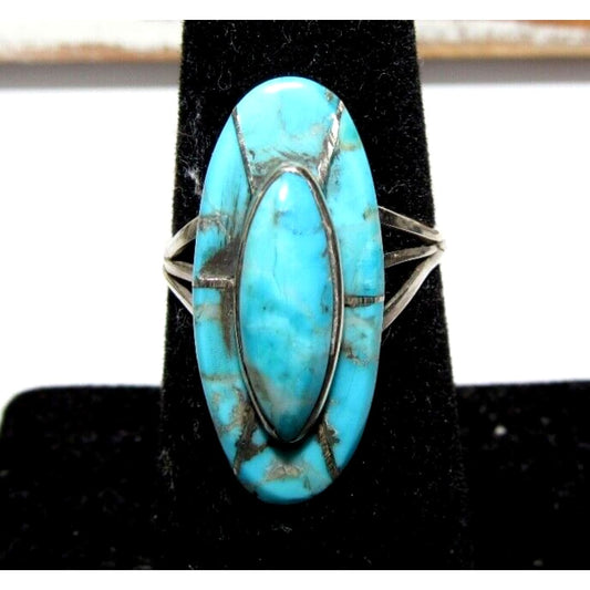 Navajo Royston Turquoise Inlay Ring Size 7 Sterling Silver