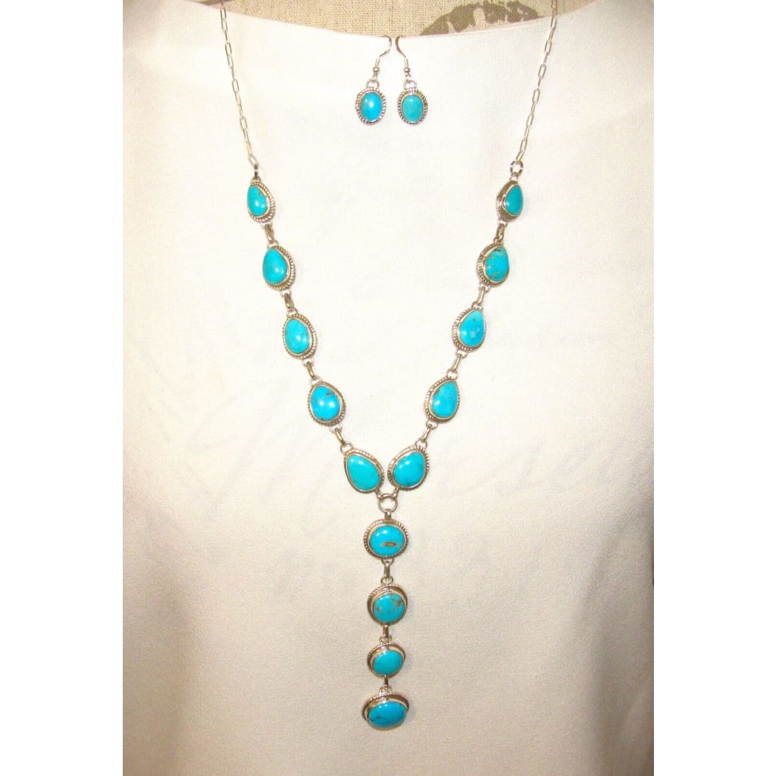 Navajo Royston Turquoise Lariat Necklace Earrings Set