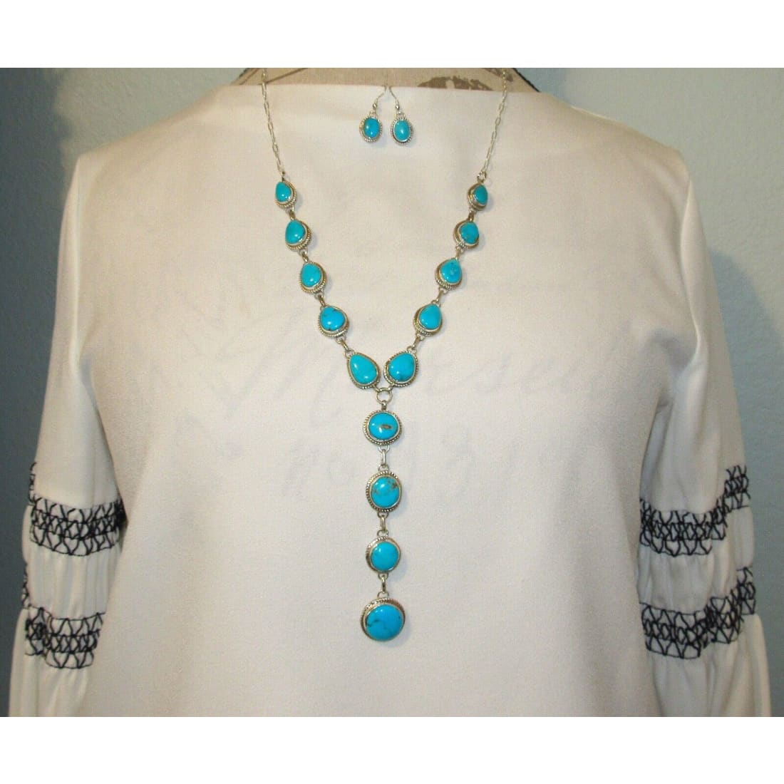 Navajo Royston Turquoise Lariat Necklace Earrings Set