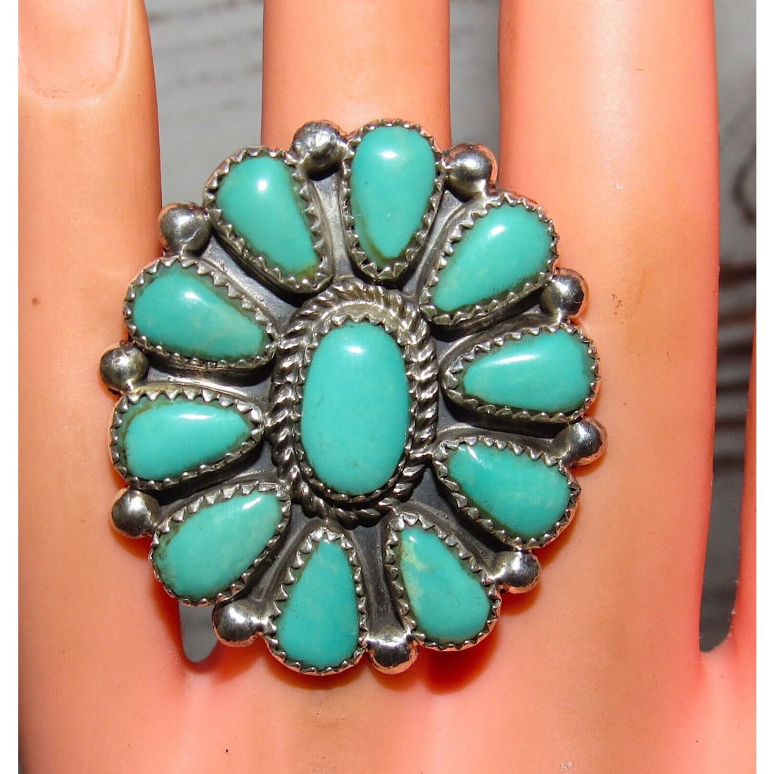 Navajo Royston Turquoise Statement Cluster Ring Sz 5.5