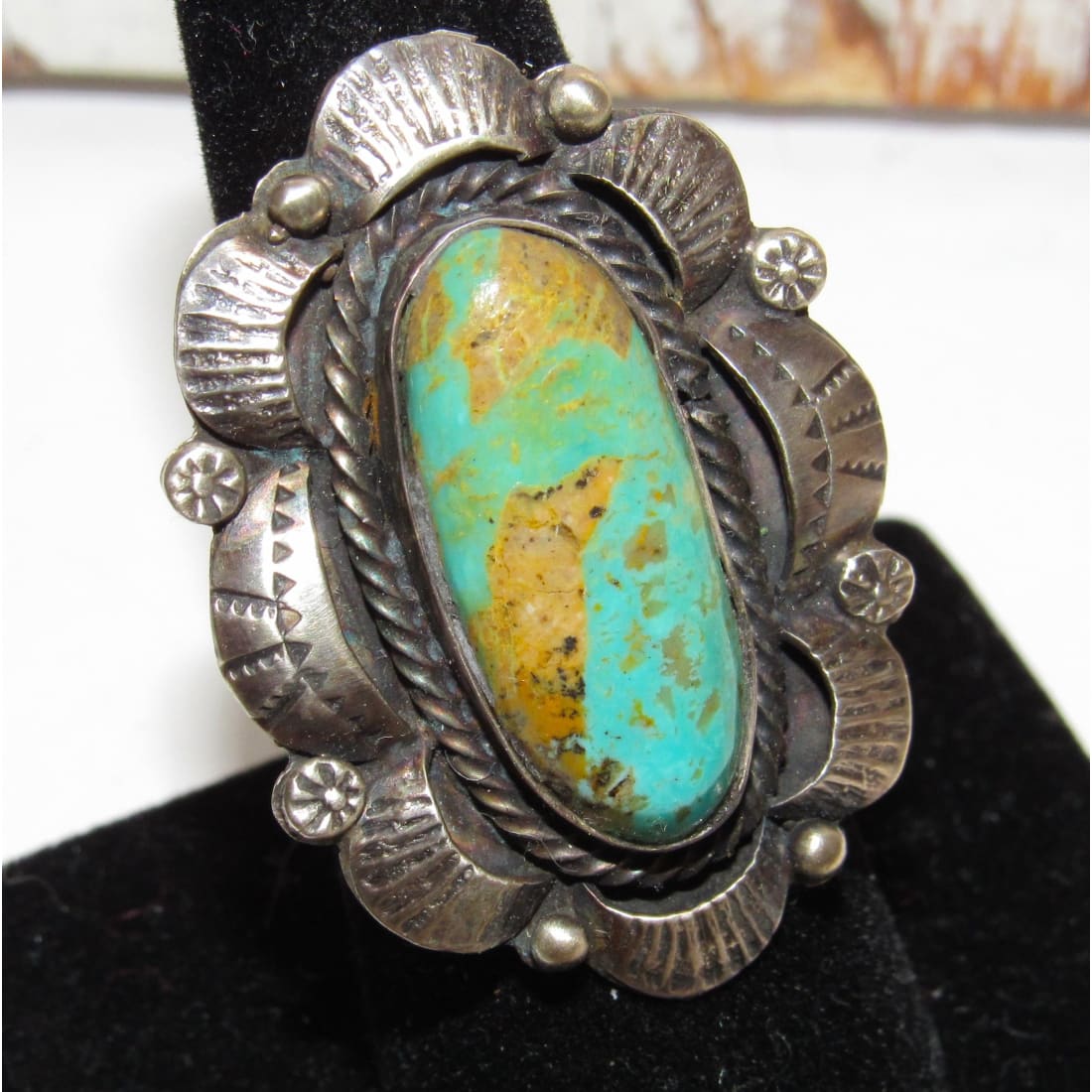 Navajo Royston Turquoise Statement Ring Sz 7.5 Sterling
