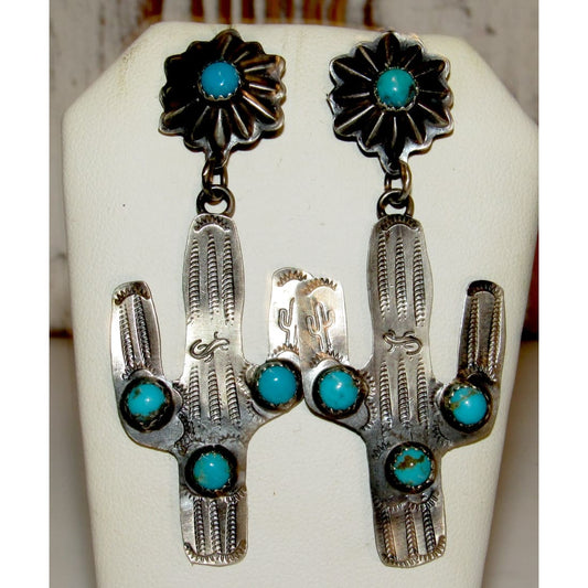 Navajo Saguaro Cactus Earrings Sterling Silver Turquoise