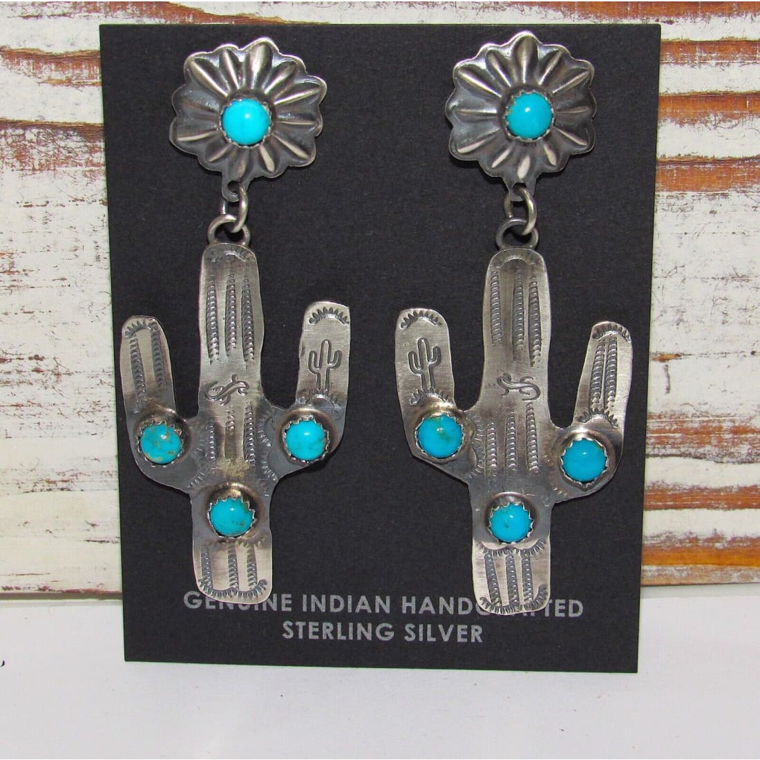 Navajo Saguaro Cactus Earrings Sterling Silver Turquoise