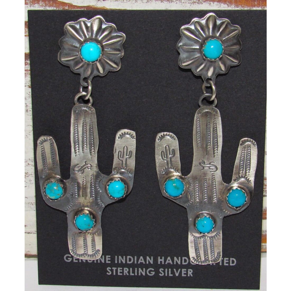 Navajo Saguaro Cactus Earrings Sterling Silver Turquoise