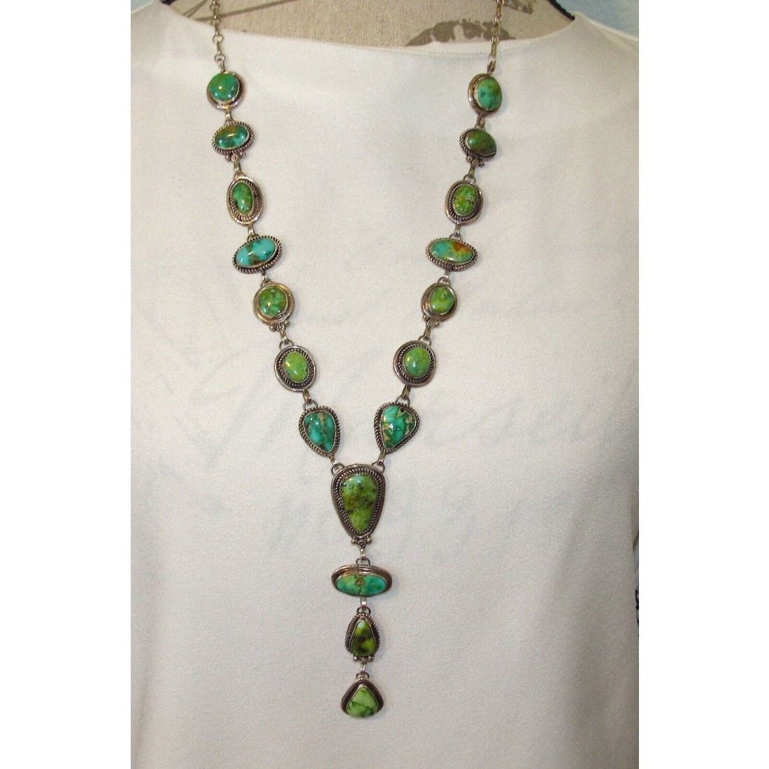 Navajo Sonoran Gold Mine Green Turquoise Lariat Necklace