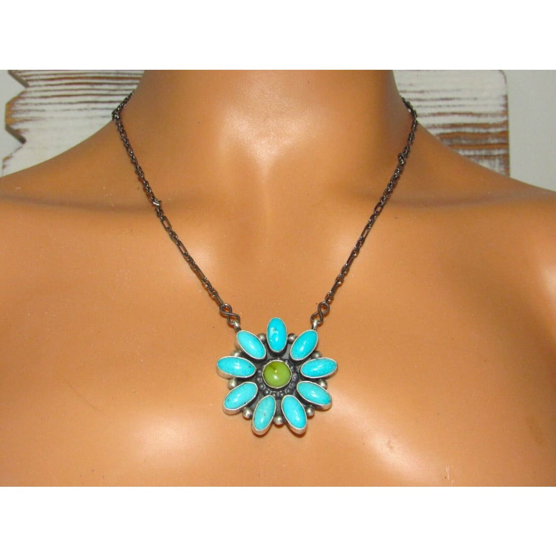 Navajo Sonoran Gold Turquoise Cluster Bar Necklace Sterling