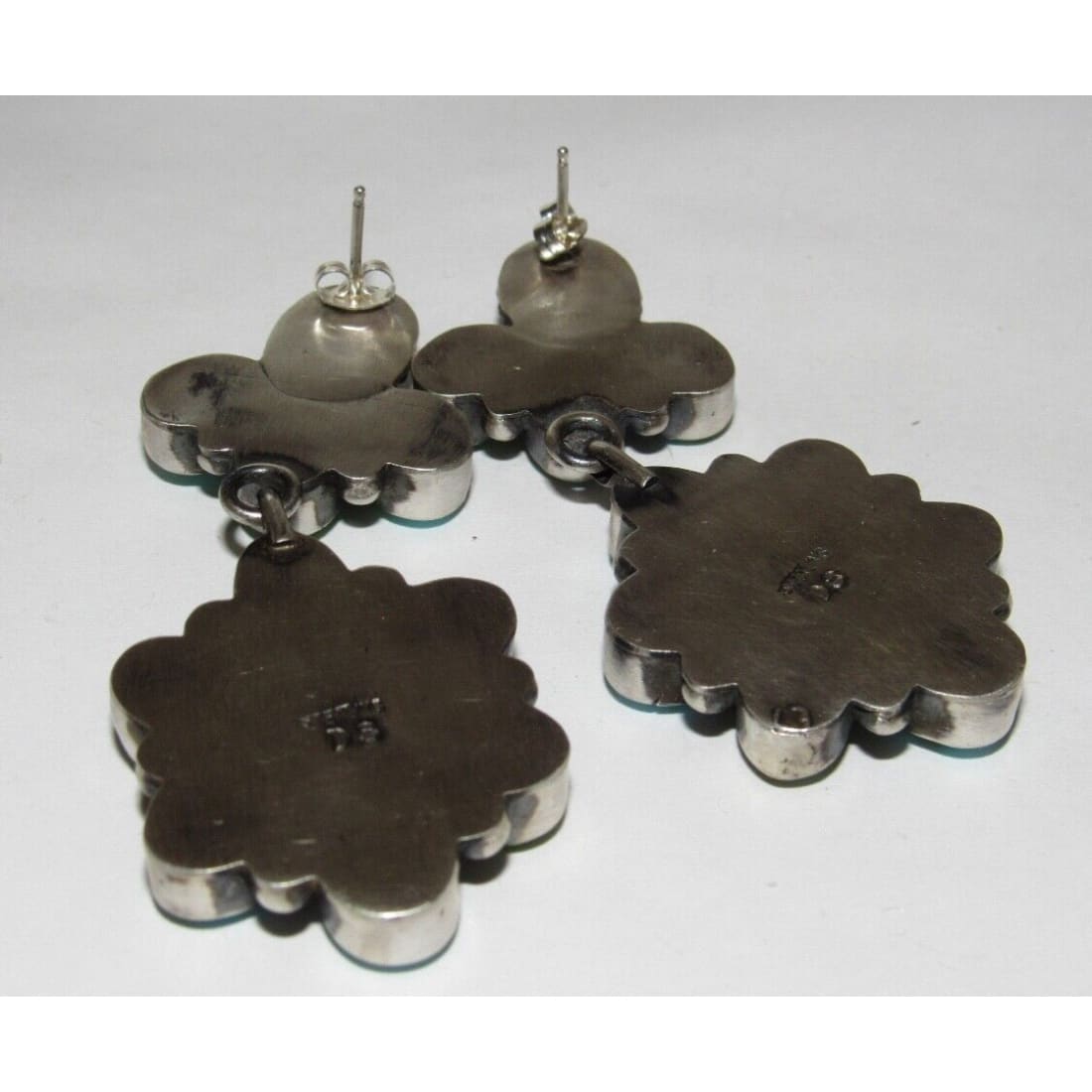 The Southwestern Style Gallery Sonoran gold turquoise dangle earrings back view in silver metal