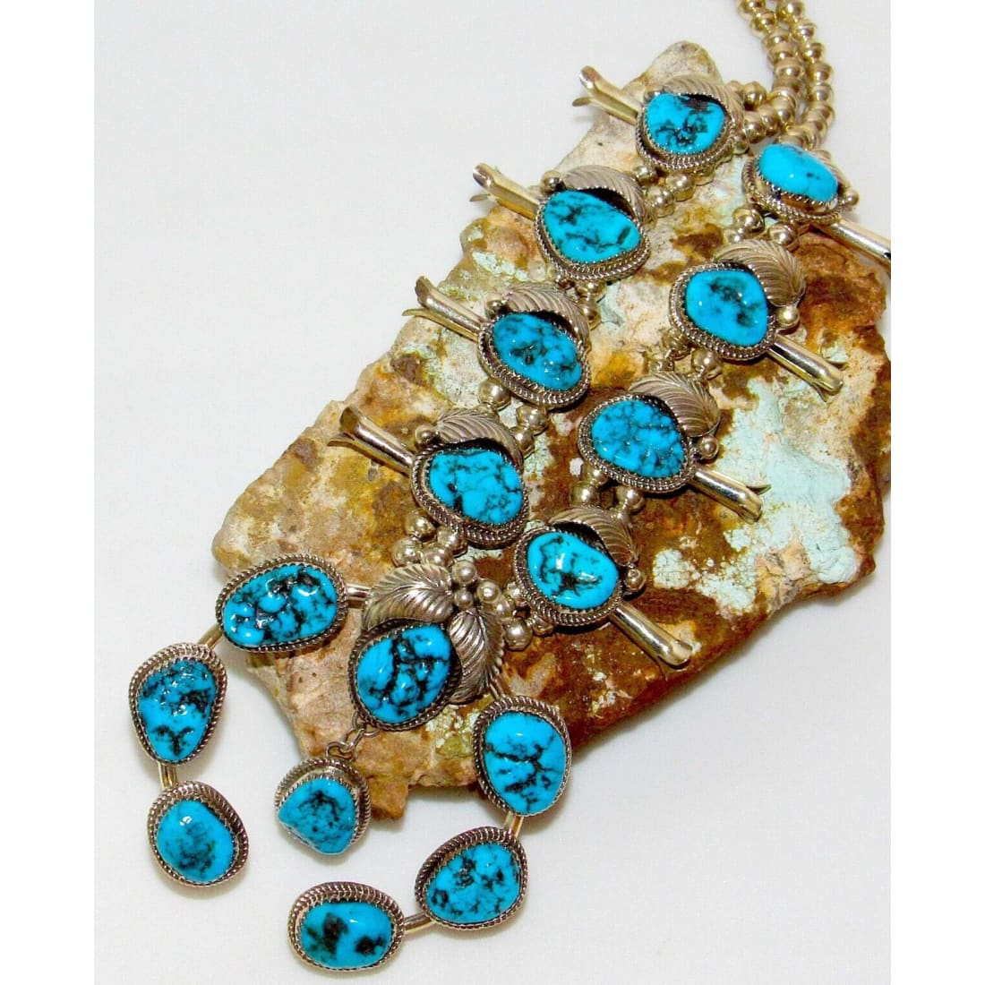 Navajo Squash Blossom Necklace Kingman Turquoise Necklace