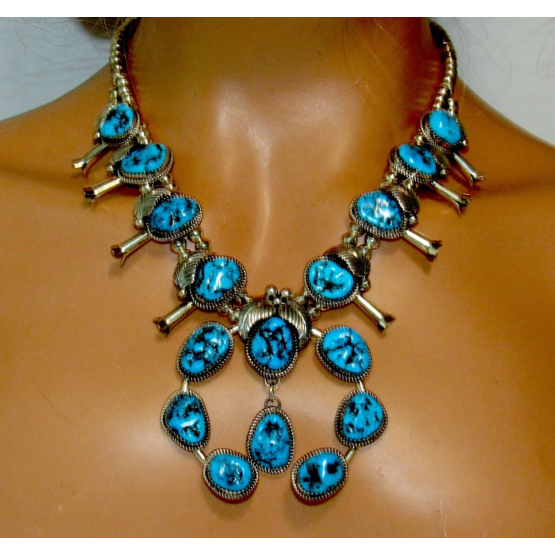 Navajo Squash Blossom Necklace Kingman Turquoise Necklace