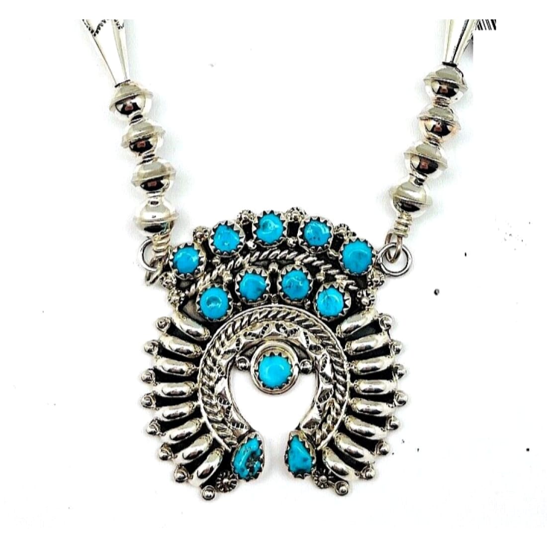 Navajo Squash Blossom Necklace Sterling Kingman Turquoise