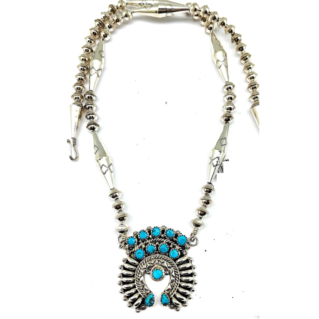 Navajo Squash Blossom Necklace Sterling Kingman Turquoise