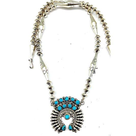 Navajo Squash Blossom Necklace Sterling Kingman Turquoise
