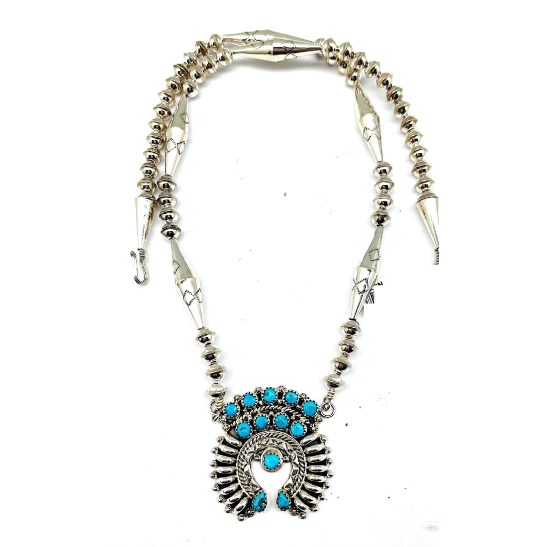 Navajo Squash Blossom Necklace Sterling Kingman Turquoise