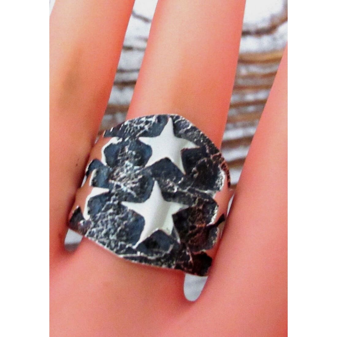 Navajo Stars Ring Size 8 Sand Cast Tufa Cast Sterling