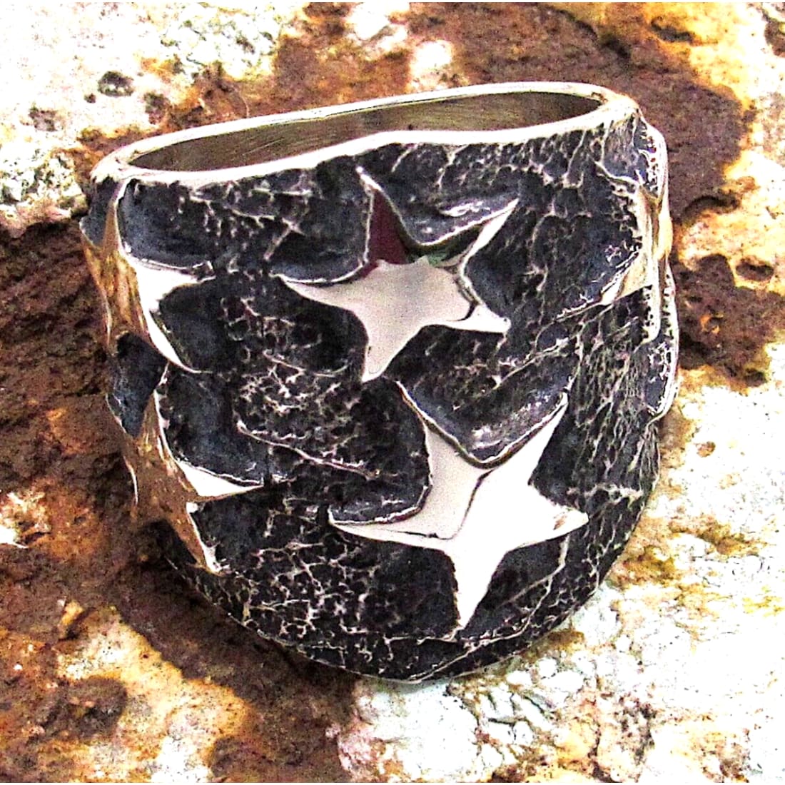 Navajo Stars Ring Size 8 Sand Cast Tufa Cast Sterling