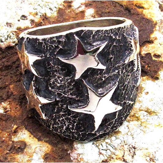 Navajo Stars Ring Size 8 Sand Cast Tufa Cast Sterling