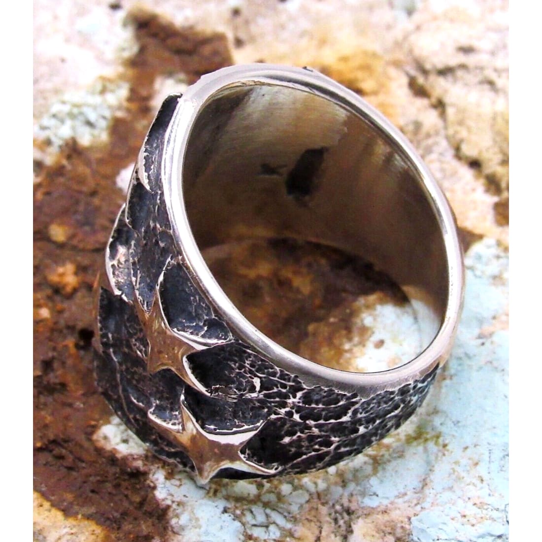 Navajo Stars Ring Size 8 Sand Cast Tufa Cast Sterling