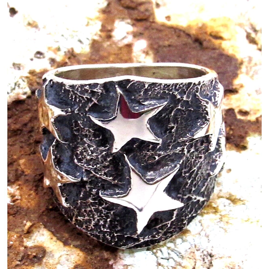 Navajo Stars Ring Size 8 Sand Cast Tufa Cast Sterling Silver