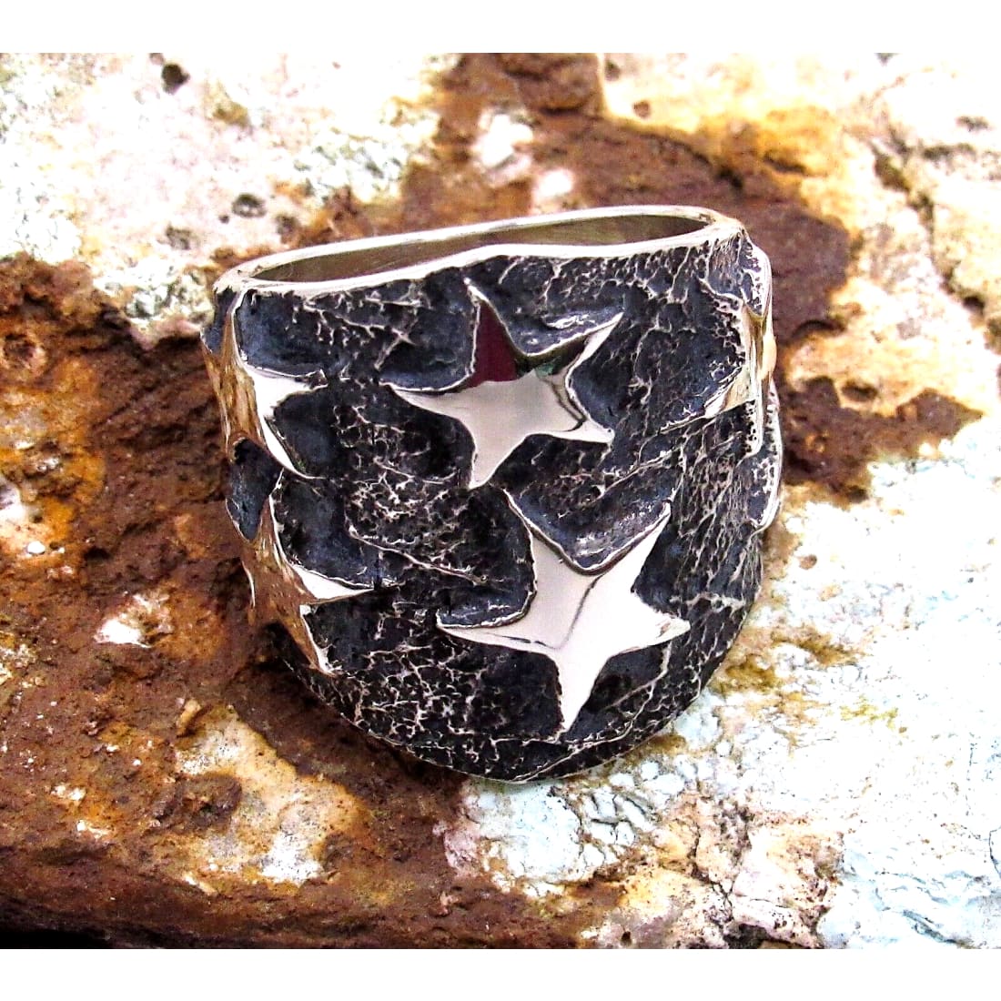 Navajo Stars Ring Size 8 Sand Cast Tufa Cast Sterling Silver