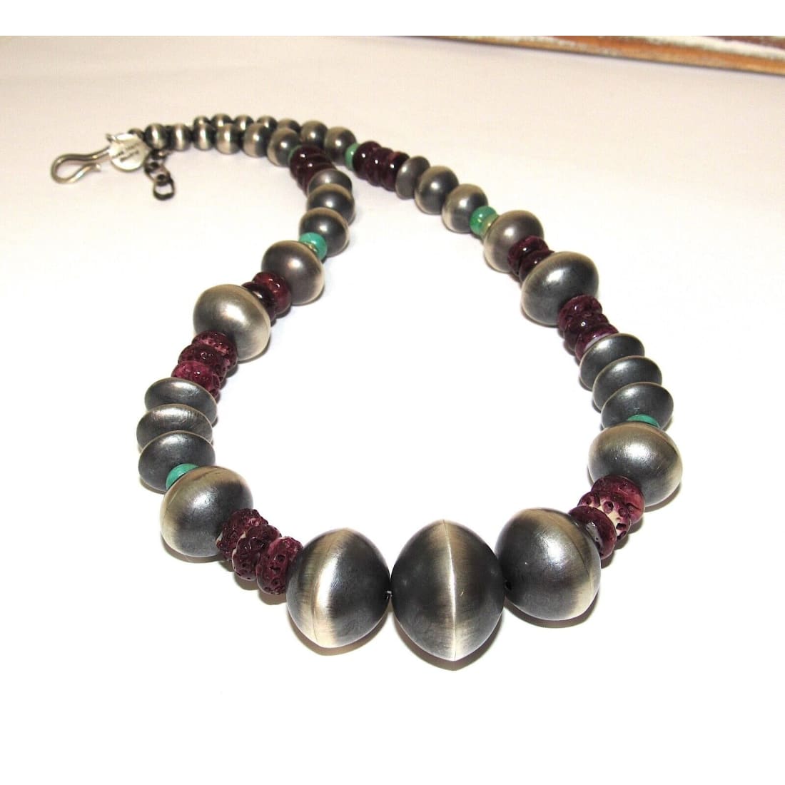 Navajo Sterling Silver Bead Necklace With Turquoise & Purple