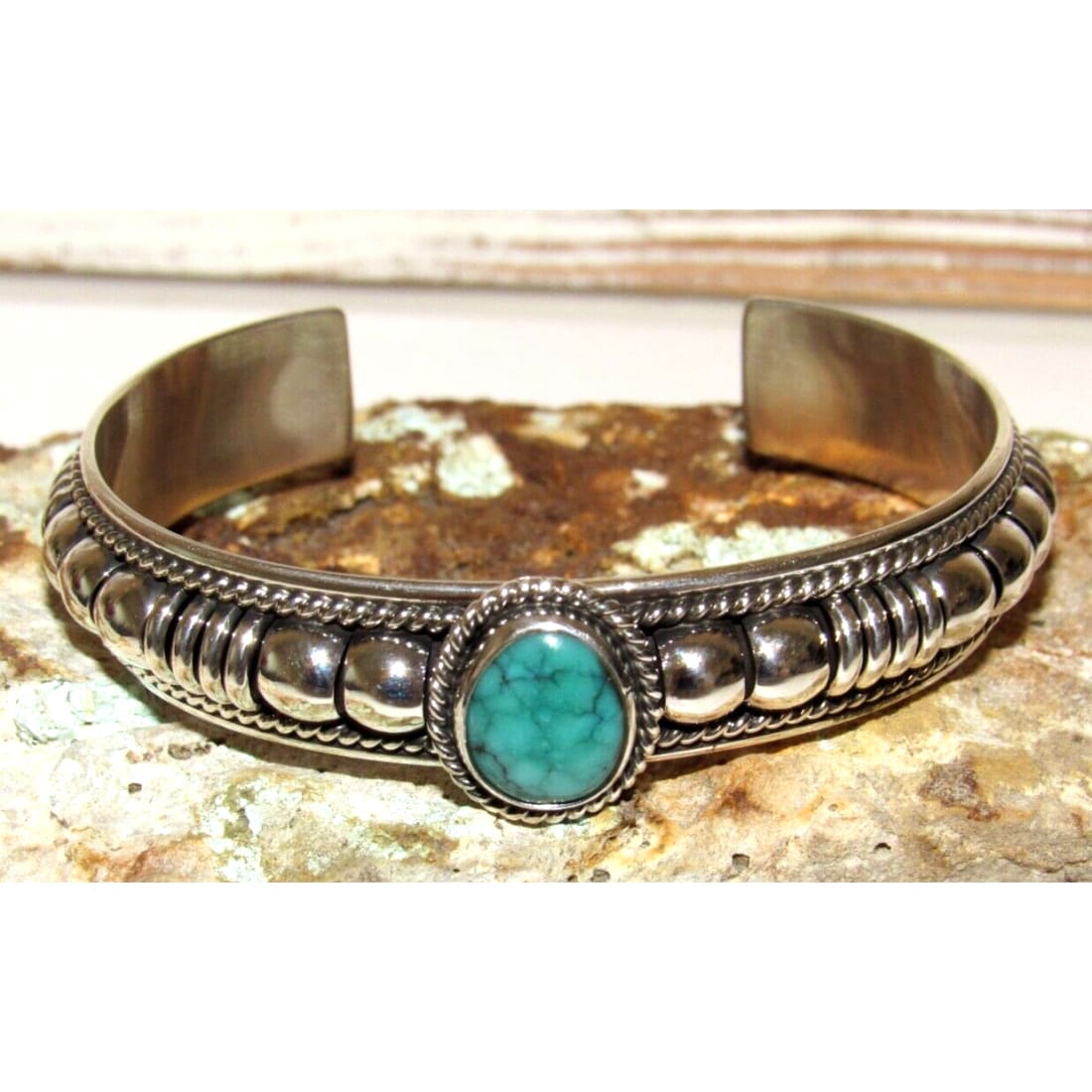 Navajo Sterling Silver Green Kingman Turquoise Cuff Bracelet