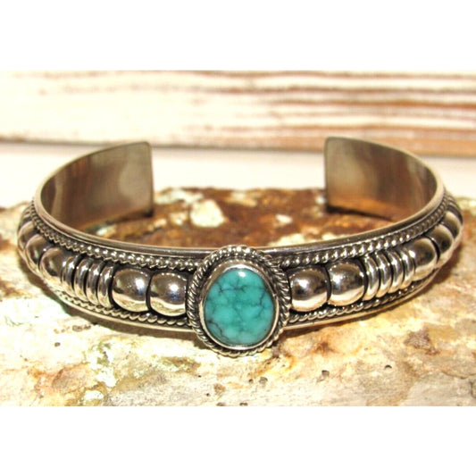 Navajo Sterling Silver Green Kingman Turquoise Cuff Bracelet