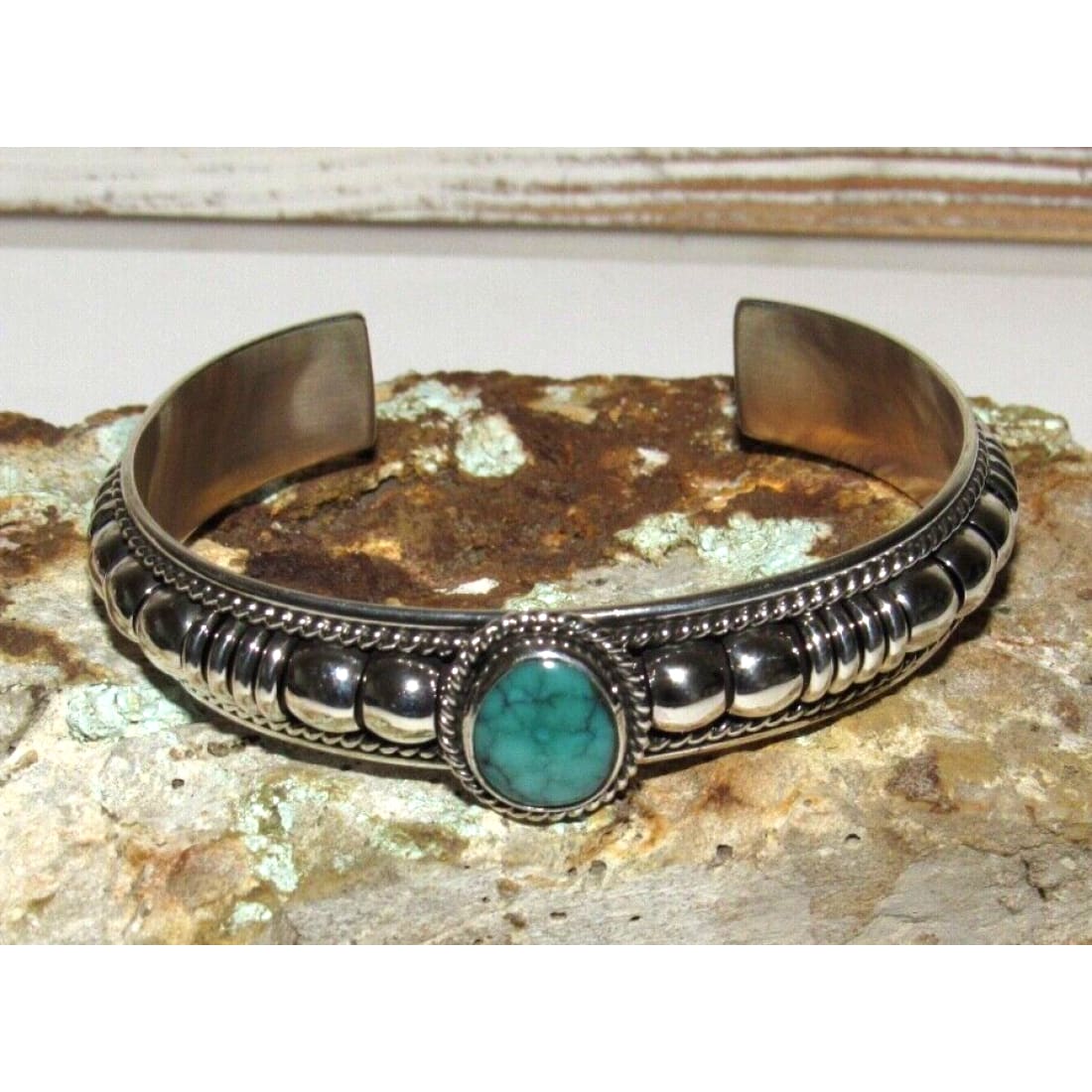 Navajo Sterling Silver Green Kingman Turquoise Cuff Bracelet