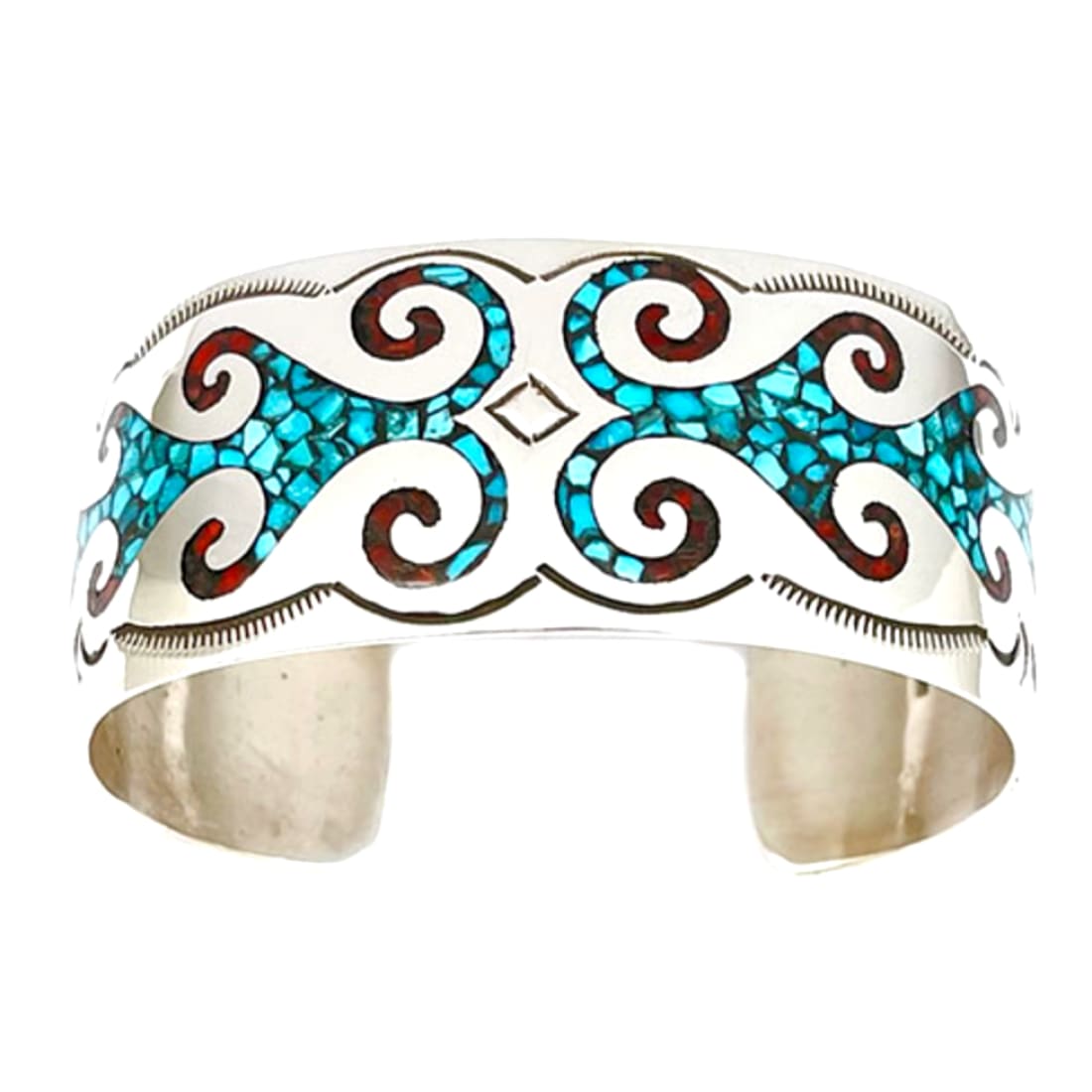 Navajo Sterling Silver Turquoise Coral Chip Inlay Statement