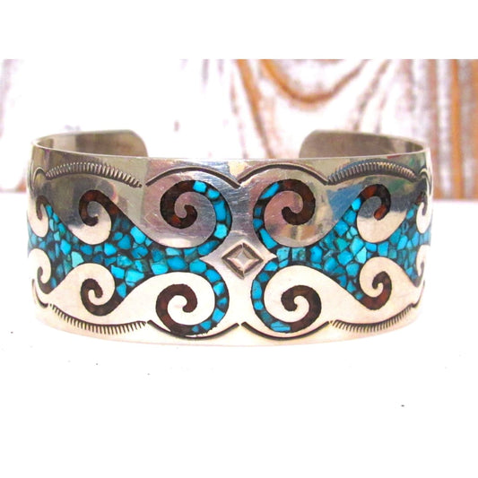 Navajo Sterling Silver Turquoise Coral Inlay Cuff Bracelet