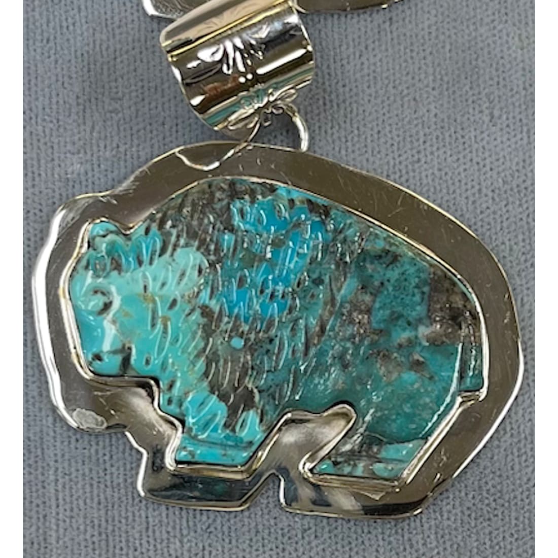 Navajo Carved Turquoise Buffalo Pendant Sterling Silver