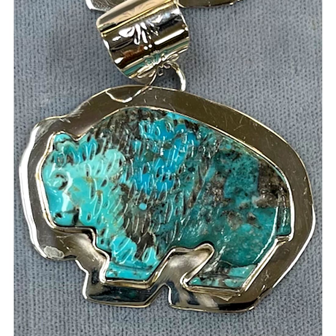 Navajo Carved Turquoise Buffalo Pendant Sterling Silver