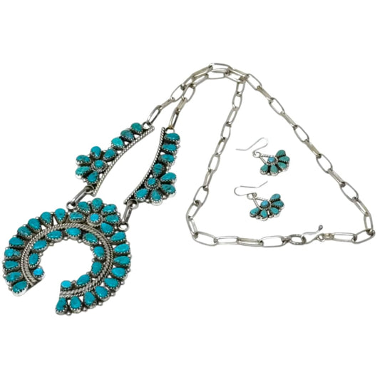 Navajo Turquoise Cluster Naja Squash Blossom Necklace &