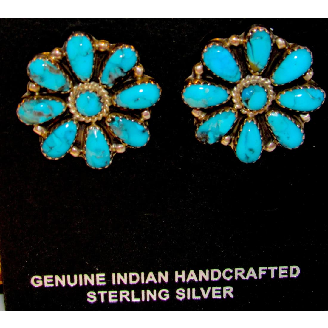 Navajo Turquoise Cluster Post Earrings Sterling Silver 1’’