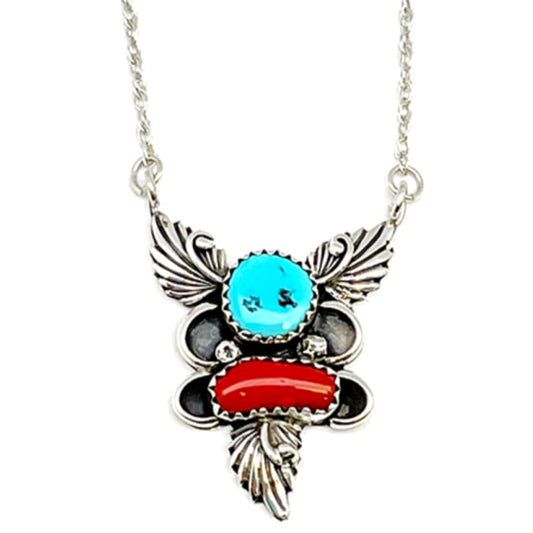 Navajo Turquoise Coral Bar Necklace Sterling Silver Native