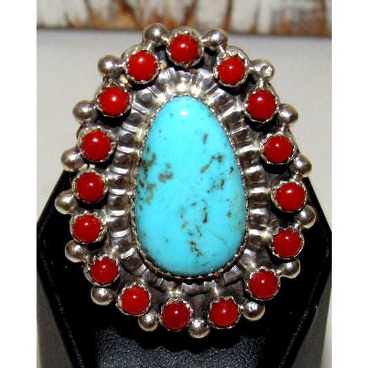 Navajo Turquoise Coral Cluster Ring Size 10.5 Sterling
