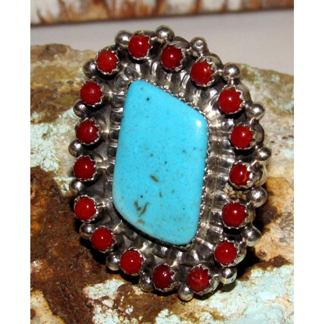 Navajo Turquoise Coral Cluster Ring Size 9 Sterling Silver