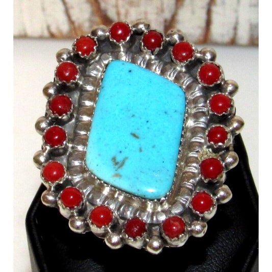 Navajo Turquoise Coral Cluster Ring Size 9 Sterling Silver
