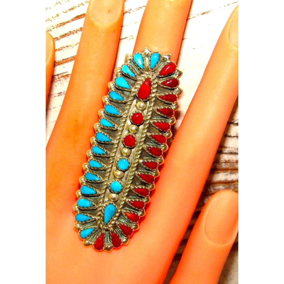 Huge Navajo Turquoise Coral Cluster Statement Ring Sz 8 