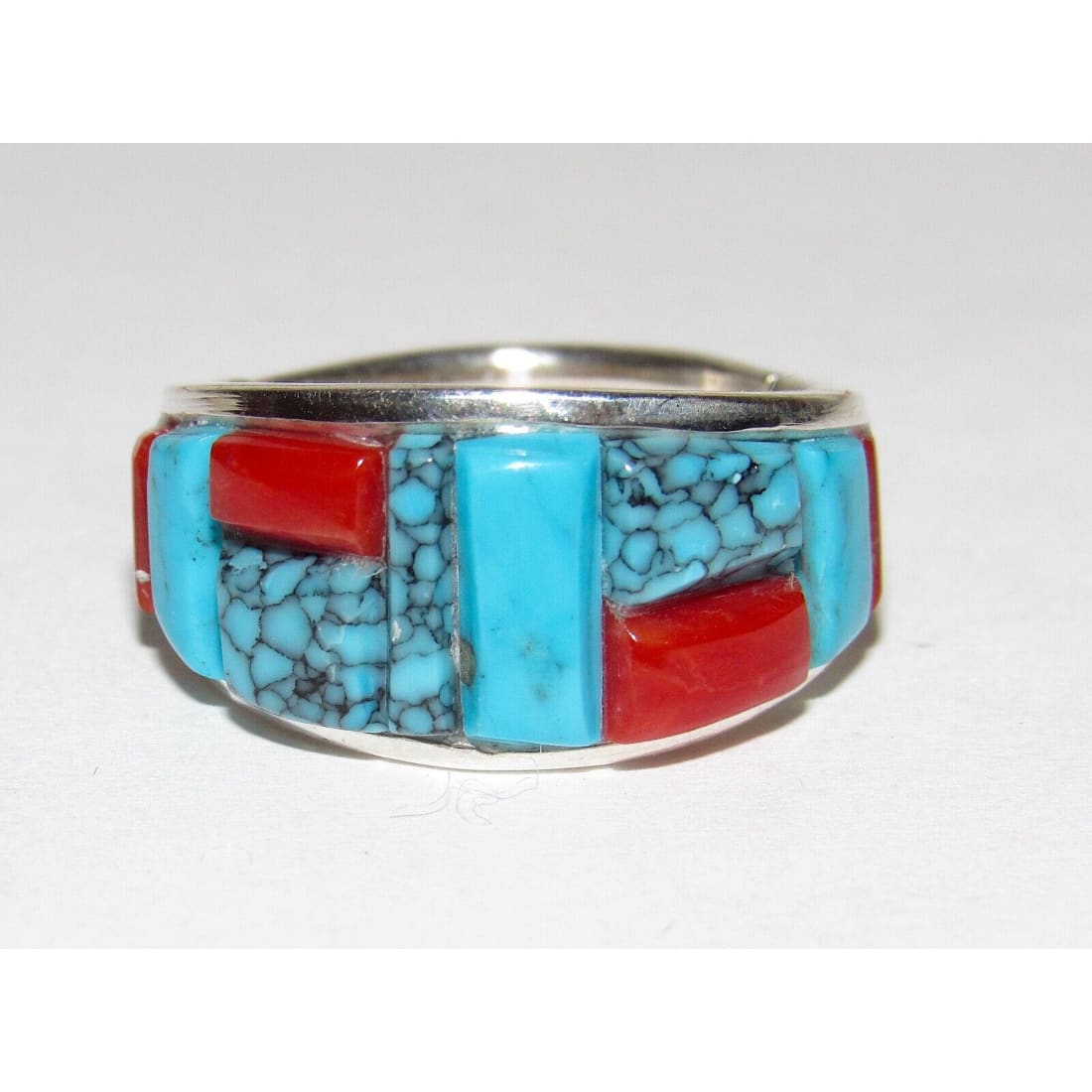 Navajo Turquoise Coral Cobble Inlay Ring Sz 7 Sterling