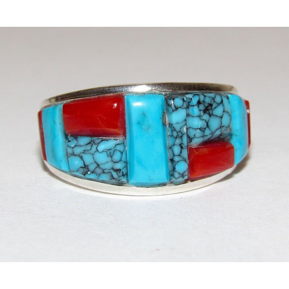 Navajo Turquoise Coral Cobble Inlay Ring Sz 7 Sterling