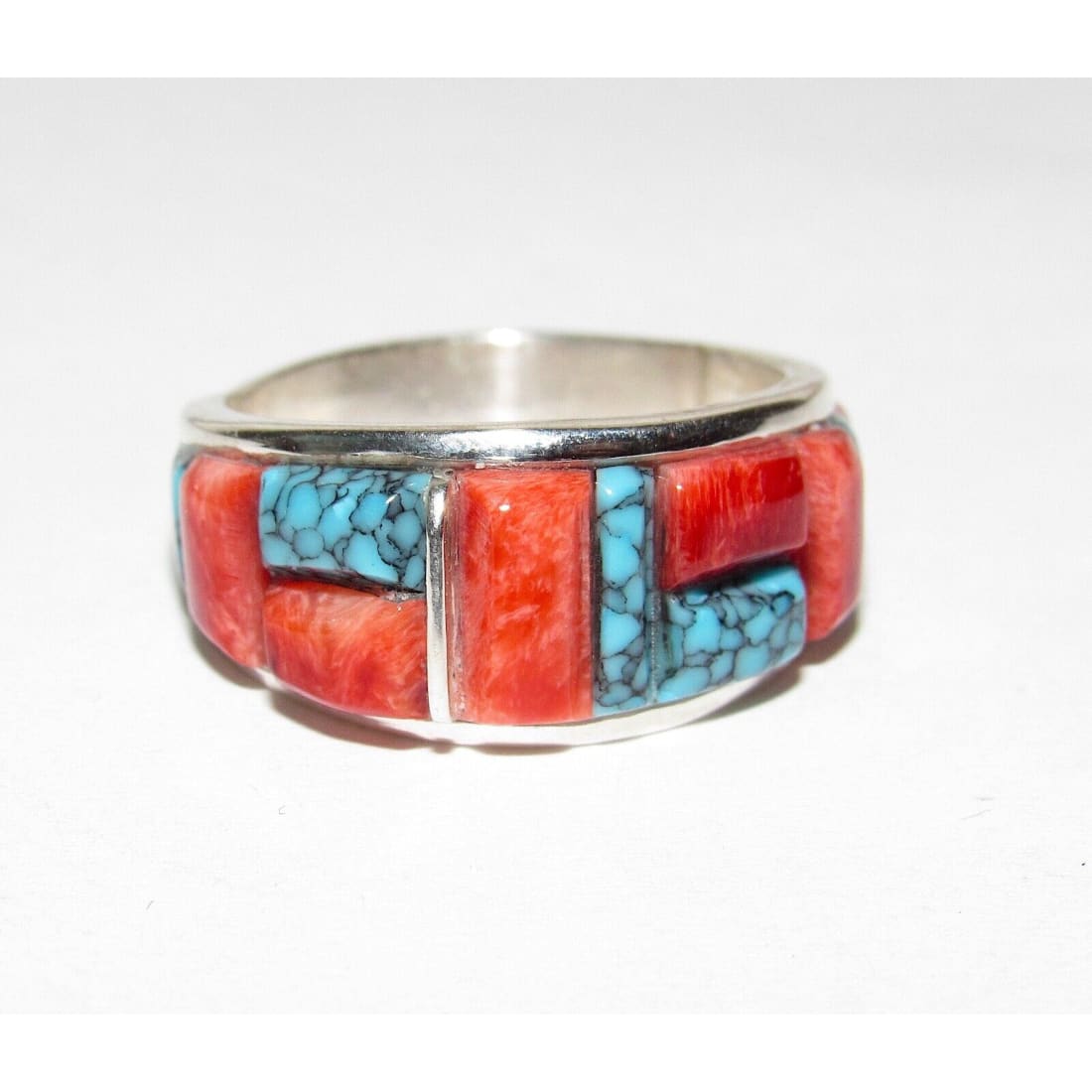 Navajo Turquoise Coral Cobble Inlay Ring Sz 8 Sterling